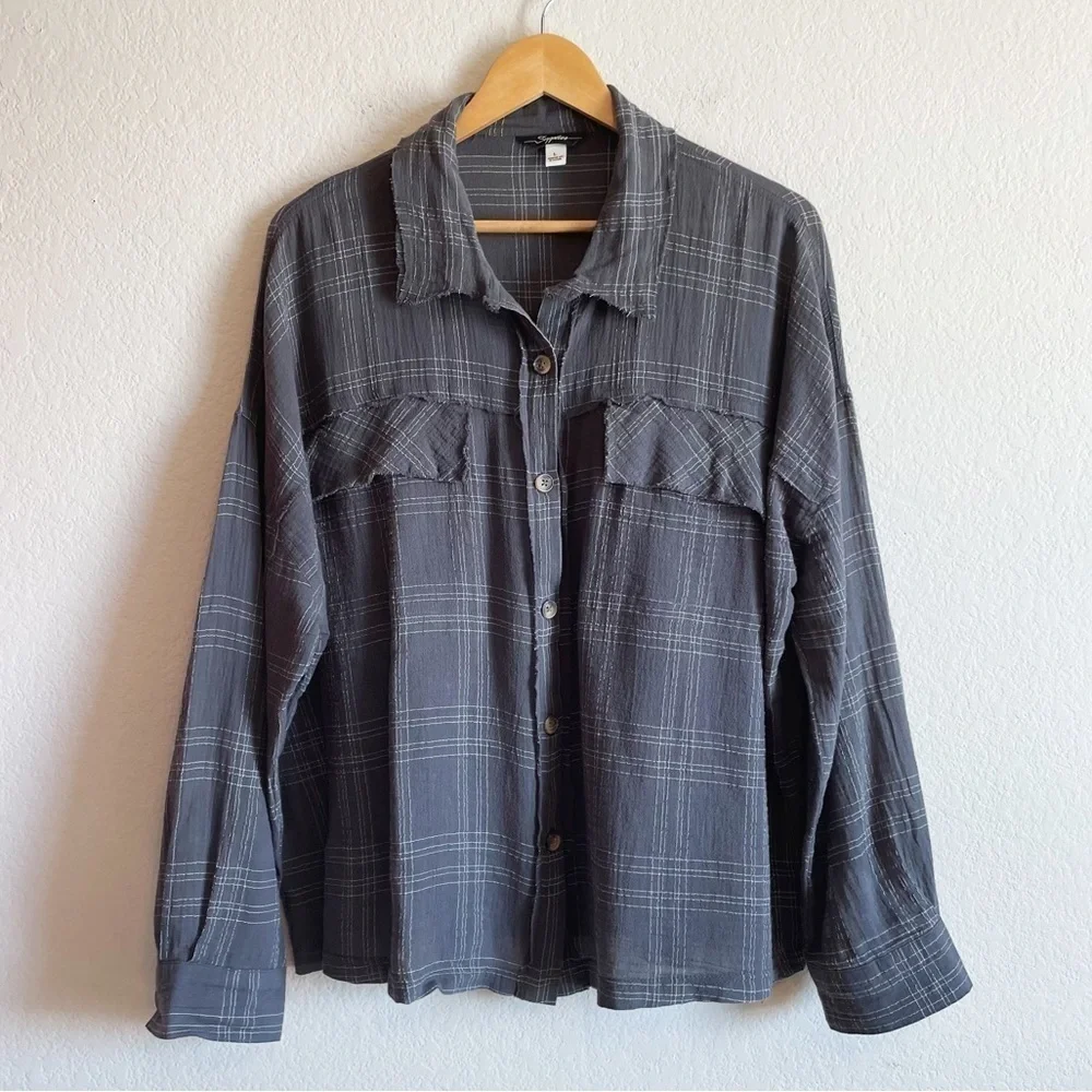 Liz Gauze Cotton Blend Supplies by Union Bay Galaxy Gray Mini White Plaid Shirt - Picture 2 of 8